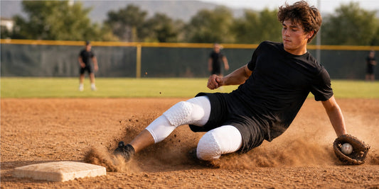 Infielder in fielding stance wearing white honeycomb pad knee sleeves