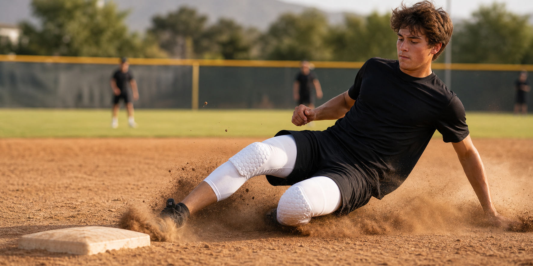 Baseball player sliding into base wearing white honeycomb pad knee sleeve