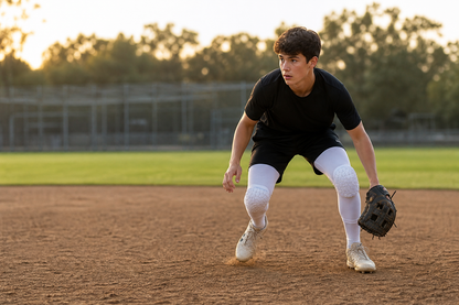 Infielder fielding a ground ball wearing white honeycomb pad knee sleeves